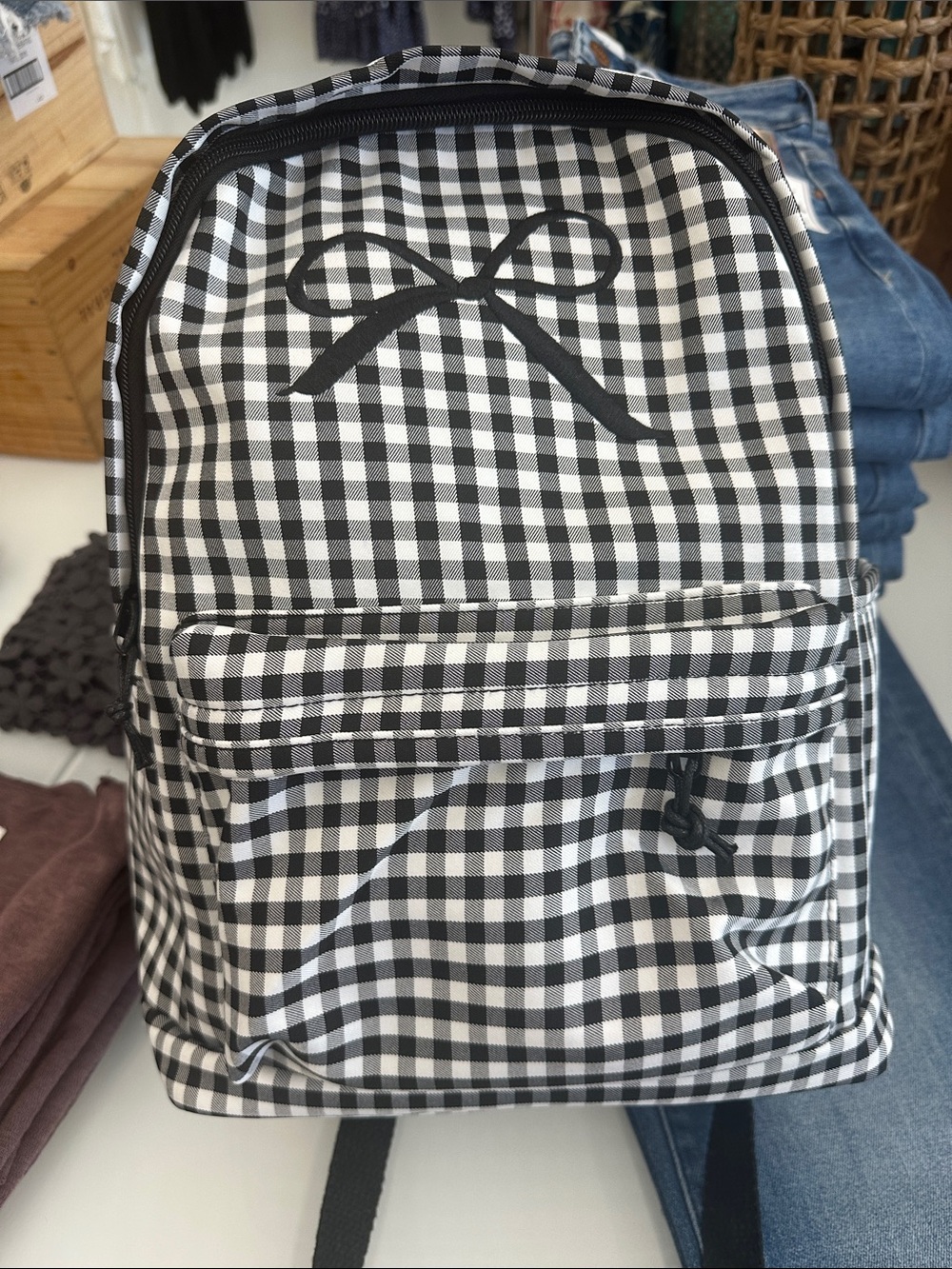 Zenana Outfitters Black and White Gingham Backpack with Bow Accent